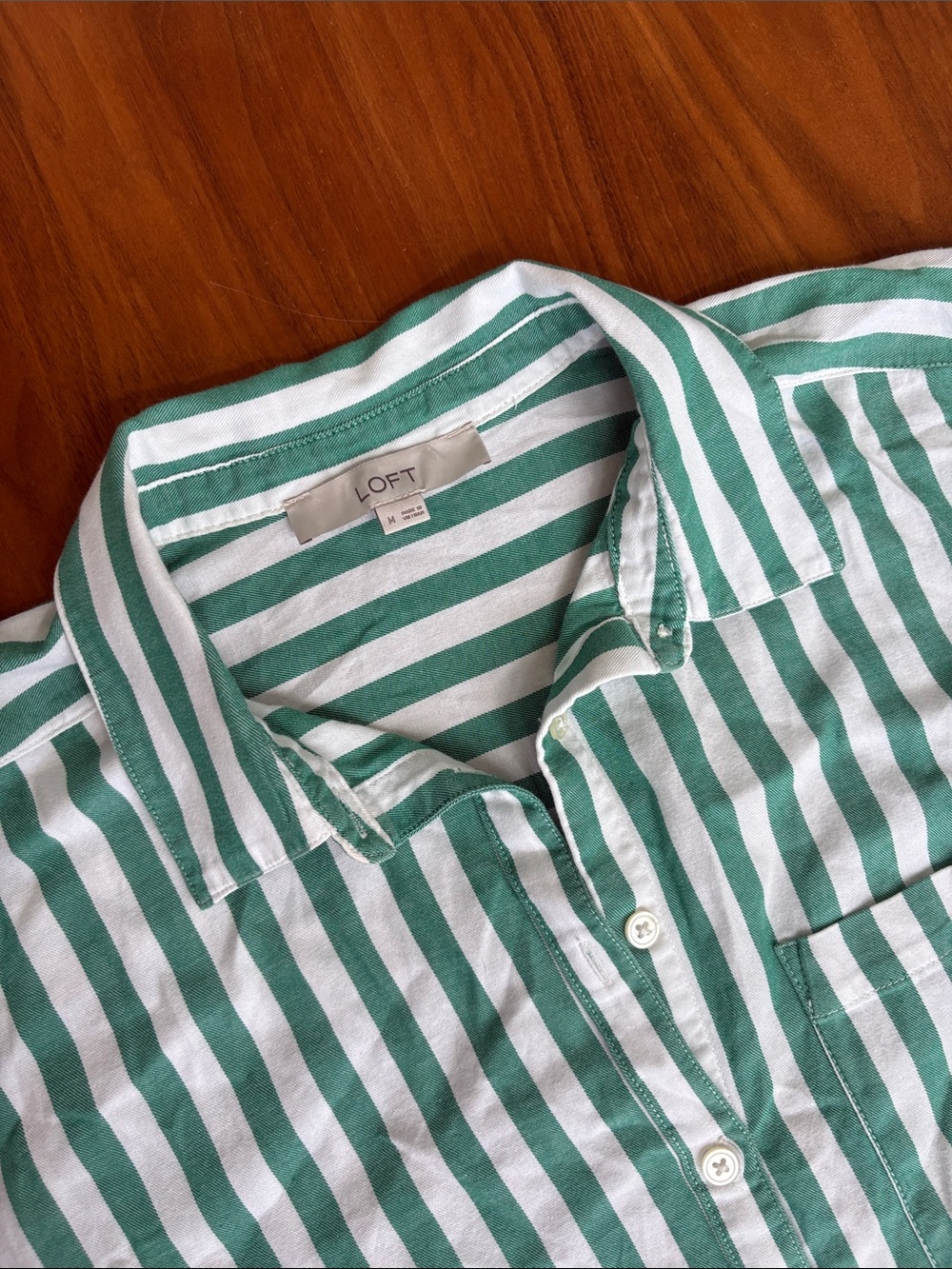 LOFT Striped Poplin Everyday Oversized Pocket Shirt Green White Size Medium - Picture 7 of 9